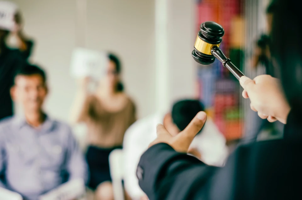 Scène d'intérieur juridique avec personne en robe d'avocat noire à bandes rouges tenant un livre relié rouge